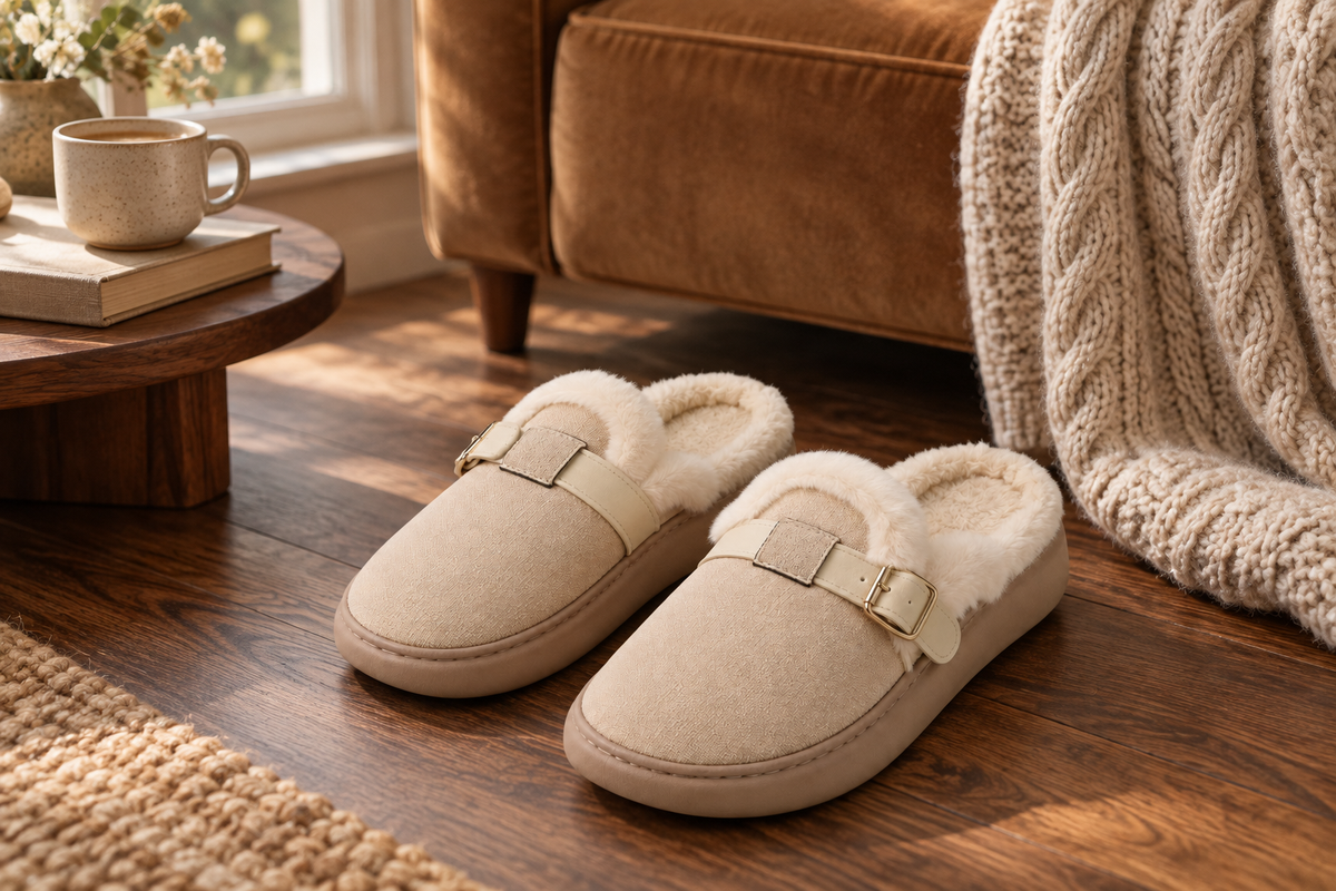 Beige buckle slippers beside a caramel sofa and a knitted throw