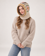 Women's beige floral crochet hooded scarf, front three-quarter studio view