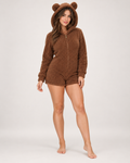 Women's Fleece Onesie - Short Bear-Ear Style, Brown studio hero