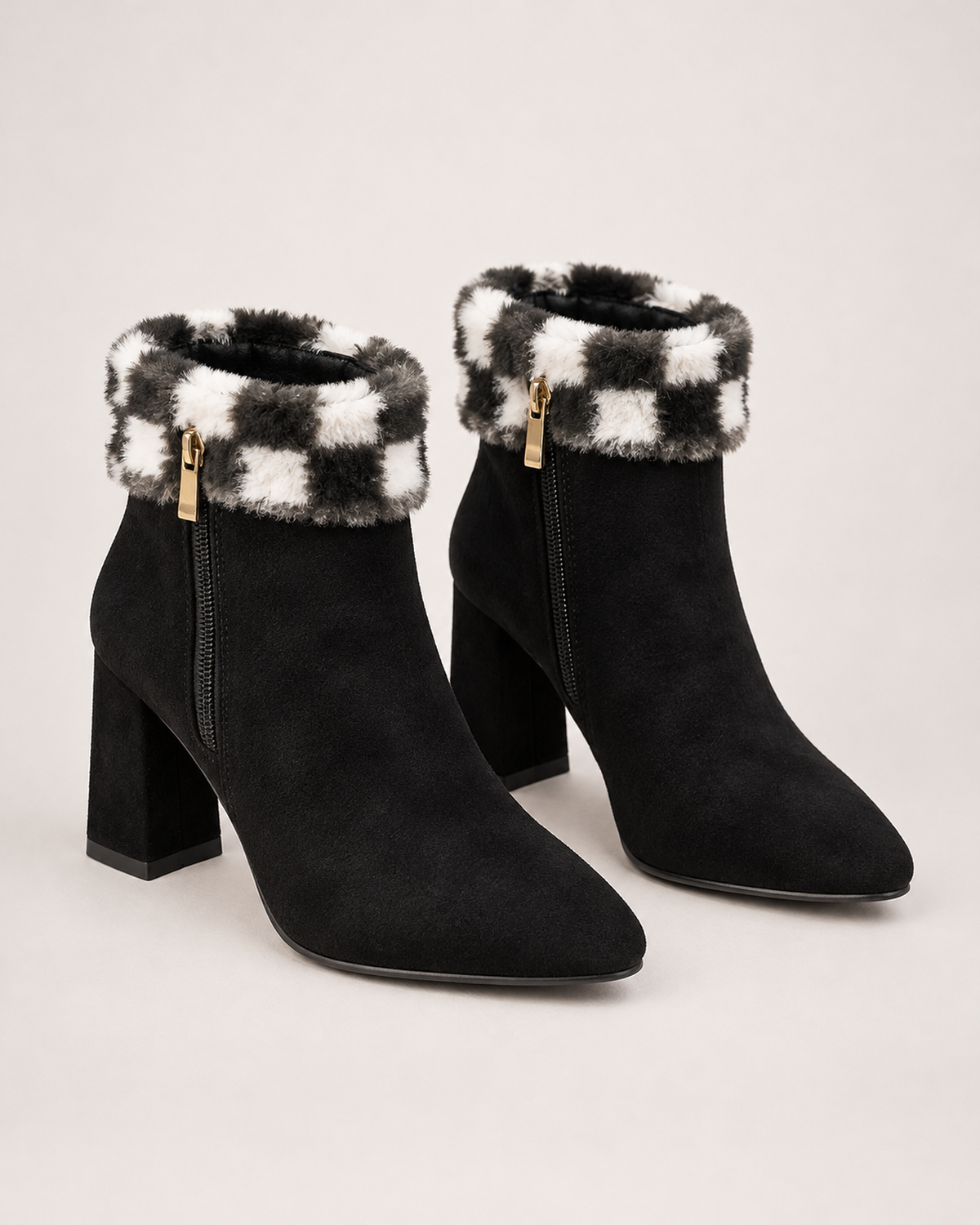 Women's Ankle Boots - Plaid-Trim Block Heel Style, google-safe clean pair hero
