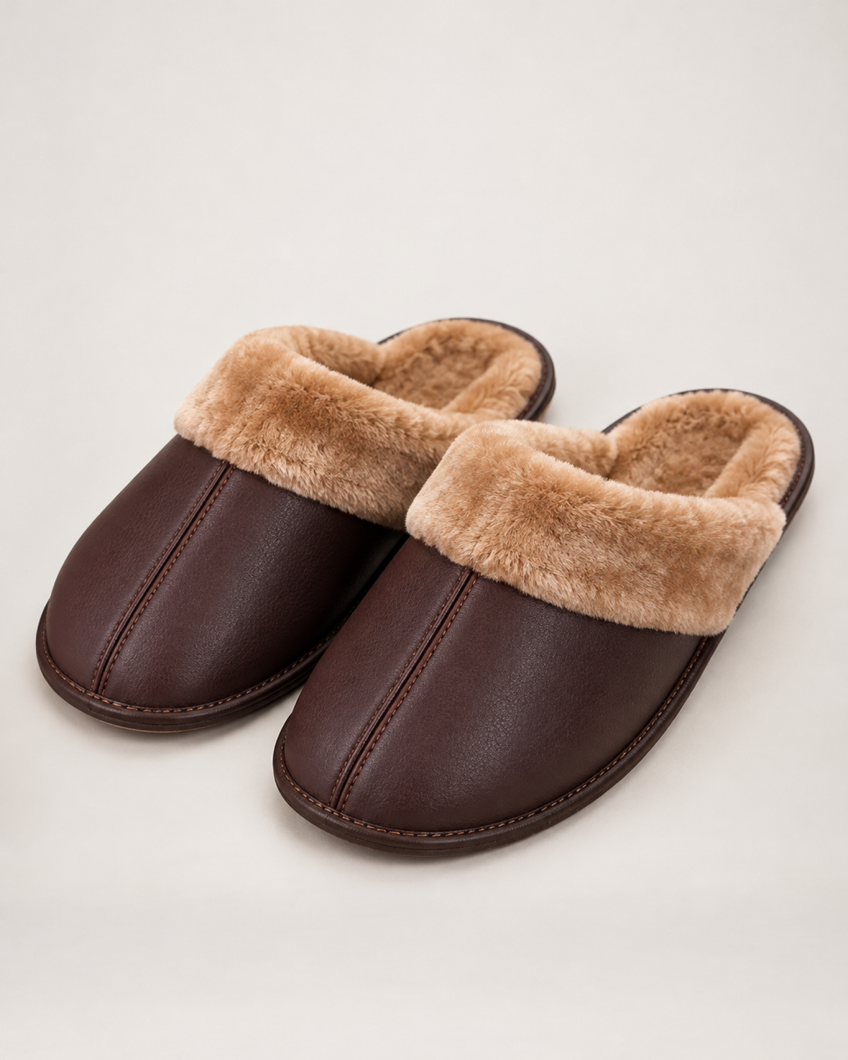 Men's dark brown stitched warm-lined slippers, front three-quarter studio view