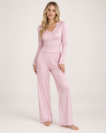 Women's pink V-neck button-front pyjama set, front three-quarter studio view