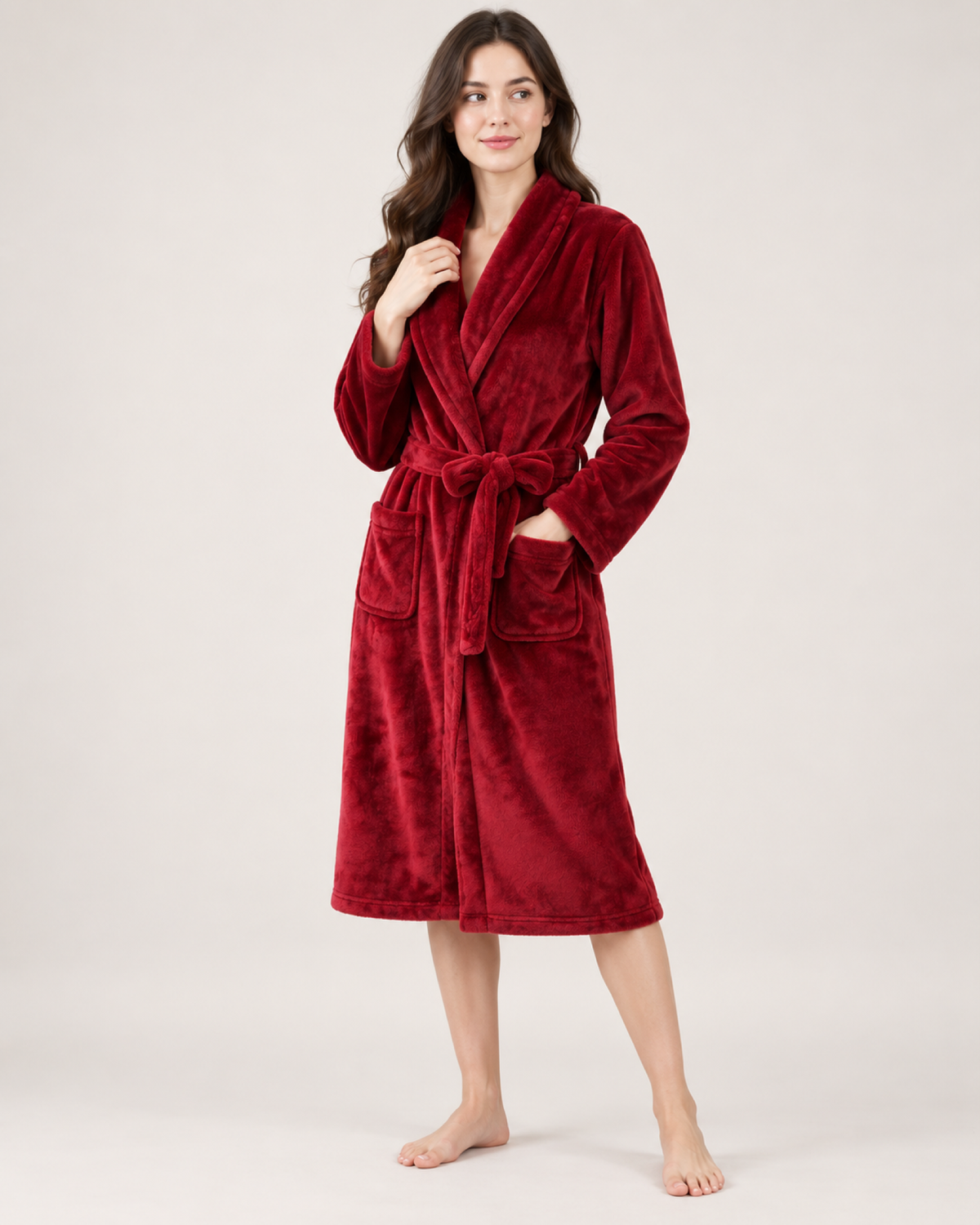 Women's Long Fleece Dressing Gown – Belted Robe, full-length burgundy studio hero showing the complete belted robe