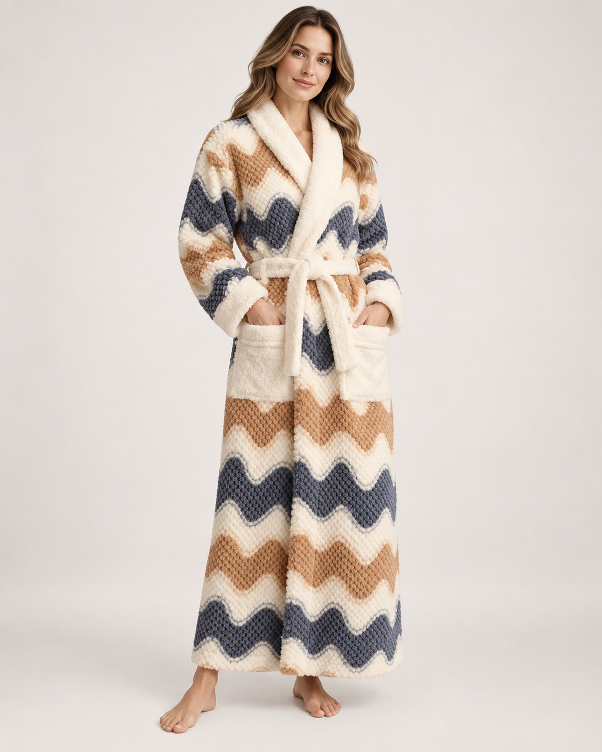Women's Patterned Long Dressing Gown in Wave Stripe, hero view