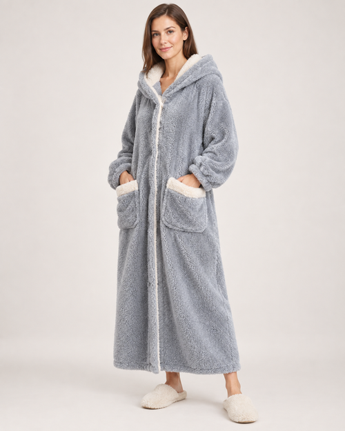 Ladies' Hooded Dressing Gown – Rounded Ear Detail in Grey, hero view