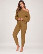 Women's Cable Knit Loungewear Set in Khaki, studio hero