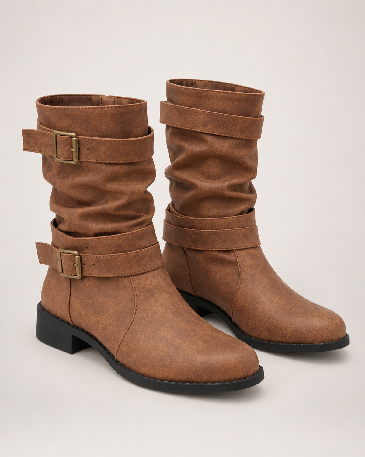 Women's Biker Boots – Double Buckle Detail in Brown, three-quarter hero view