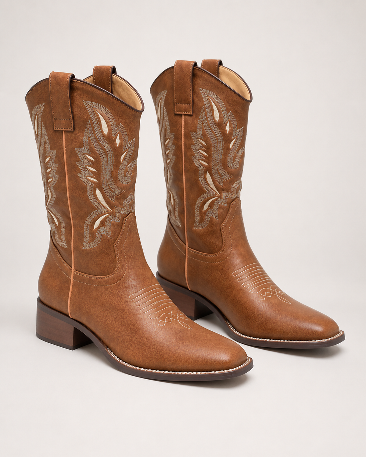 Women's Western Boots – Embroidered Mid-Calf Style in Tan, three-quarter hero view