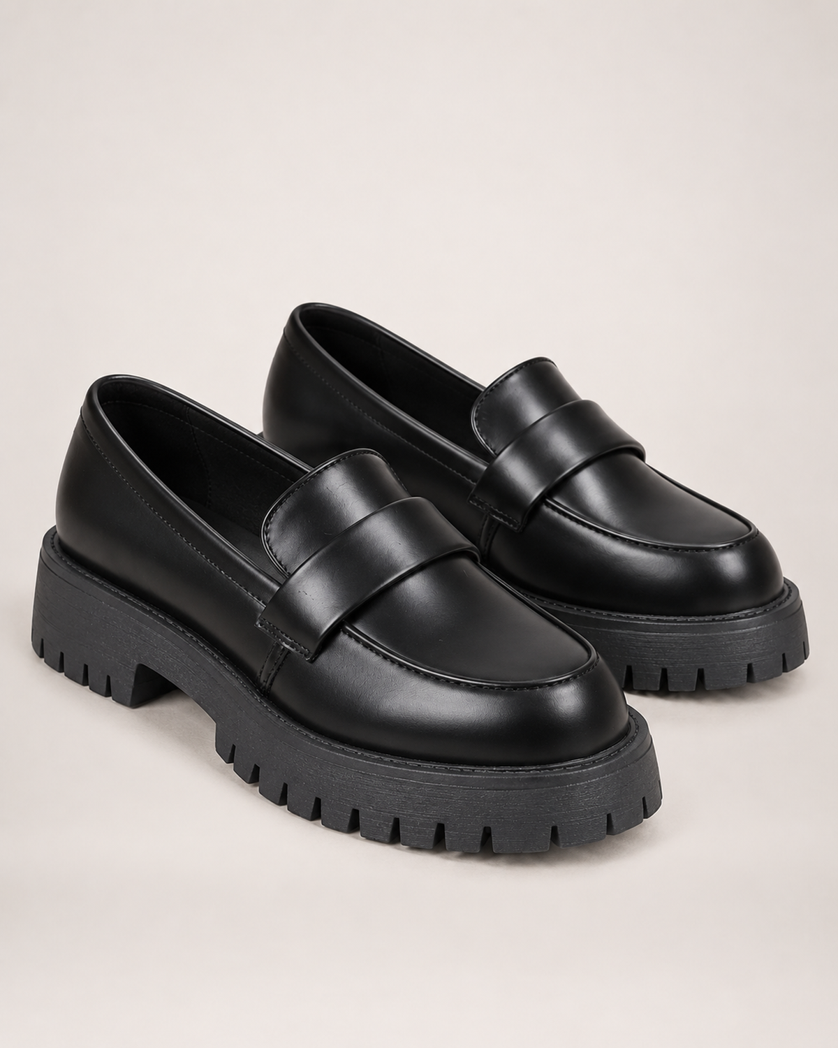 Women's Black Loafers – Chunky Platform Sole in UK 3, three-quarter hero view