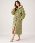 Women's Quilted Fleece Dressing Gown – Hooded Long Style, full-length olive studio hero showing the complete hooded gown