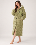 Women's Quilted Fleece Dressing Gown – Hooded Long Style, full-length olive studio hero showing the complete hooded gown