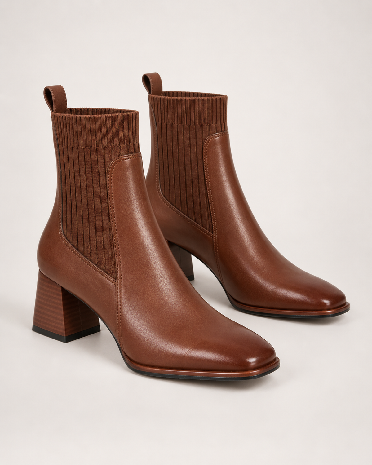 Women's Sock Boots – Square Toe Block Heel in Brown, three-quarter hero view