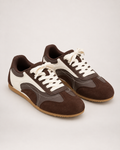 Women's Trainers – Retro Contrast Panels in Brown, three-quarter hero view