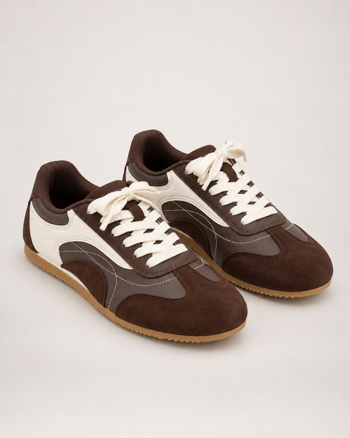 Women's Trainers – Retro Contrast Panels in Brown, three-quarter hero view