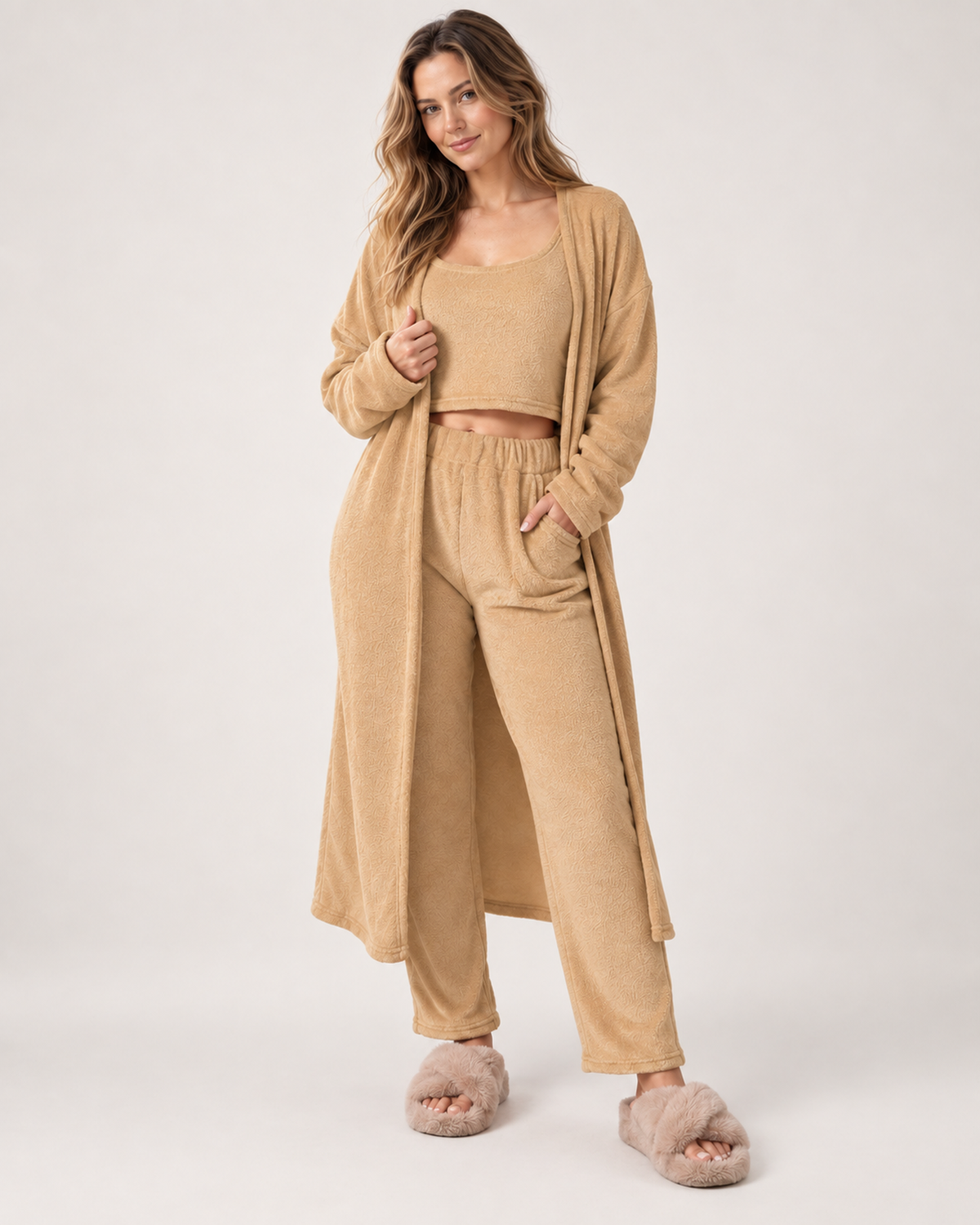 Women's Three Piece Loungewear Set in Camel, studio hero