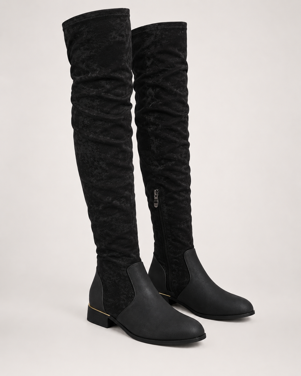 Women's Over the Knee Boots – Low Block Heel in Black, three-quarter hero view