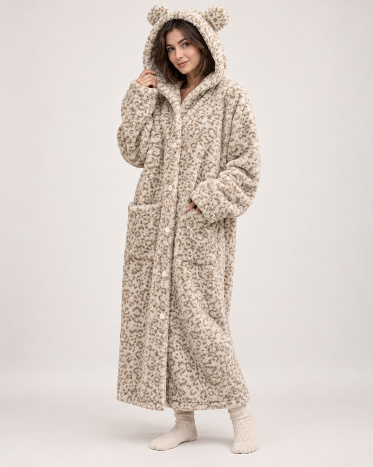 Ladies' Hooded Dressing Gown – Leopard Print in 300g Plush, hero view