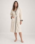 Women's Hooded Cotton Dressing Gown in Cream, studio hero