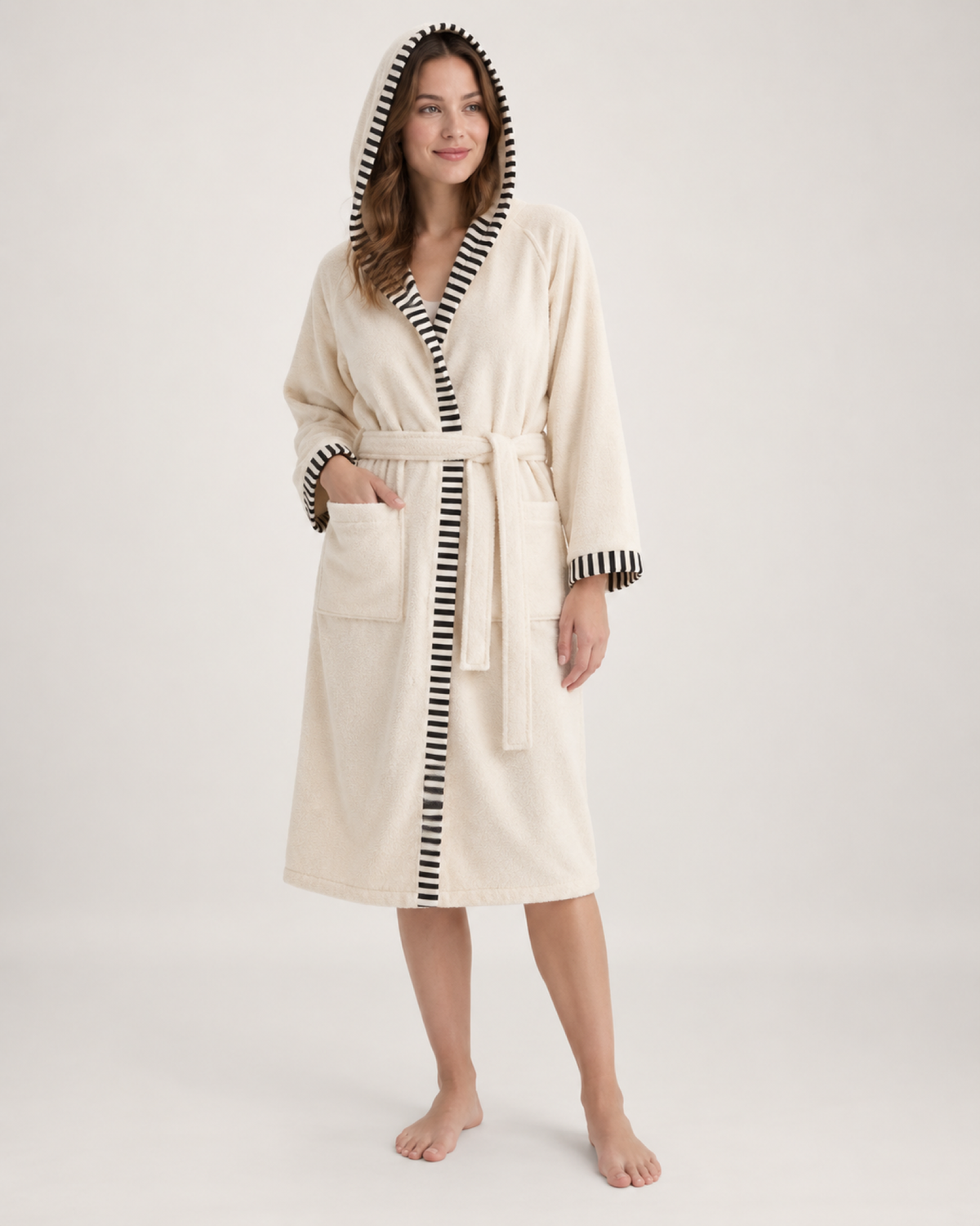 Women's Hooded Cotton Dressing Gown in Cream, studio hero