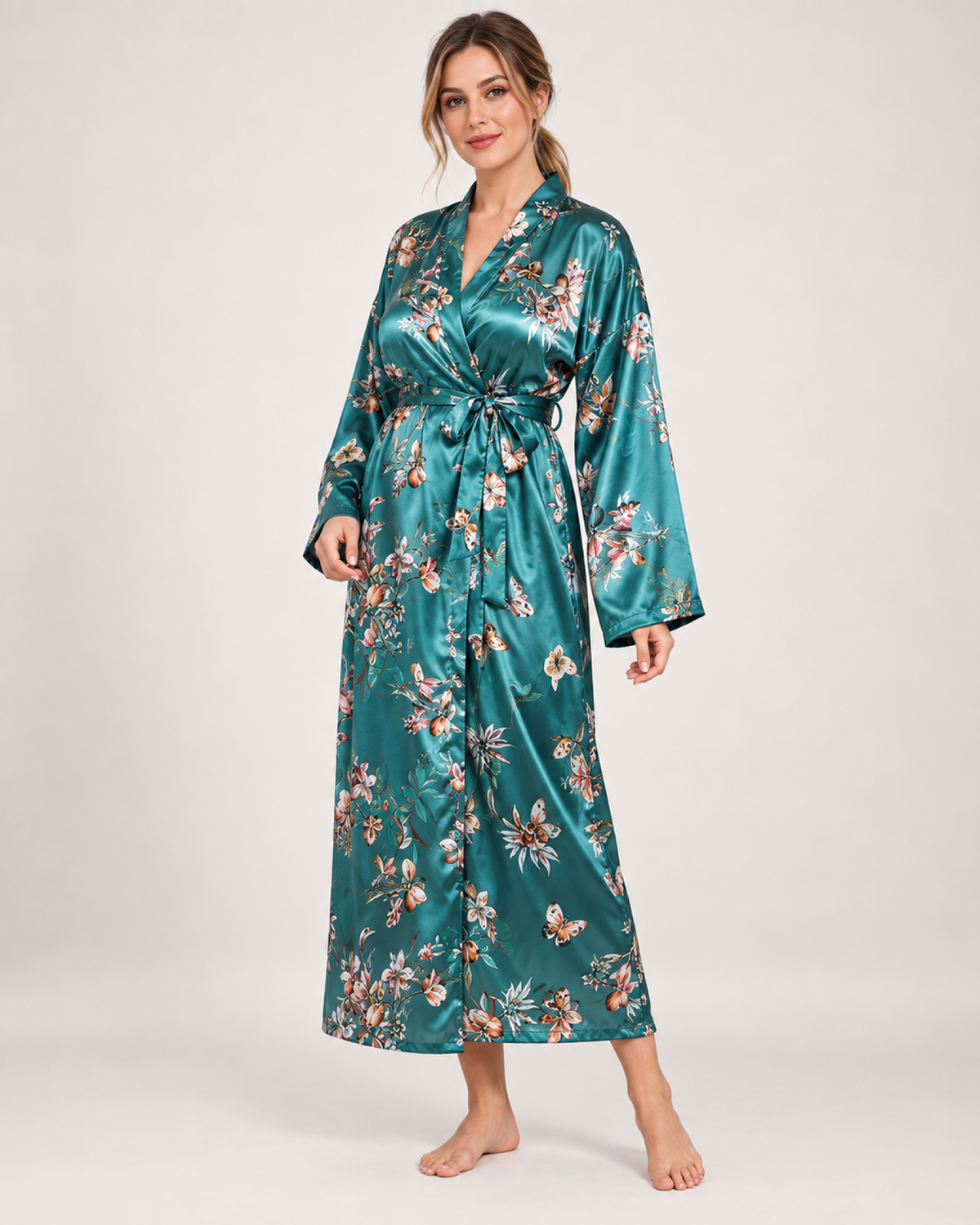 Ladies' Floral Dressing Gown – Long Wrap Style in Teal Floral, hero view