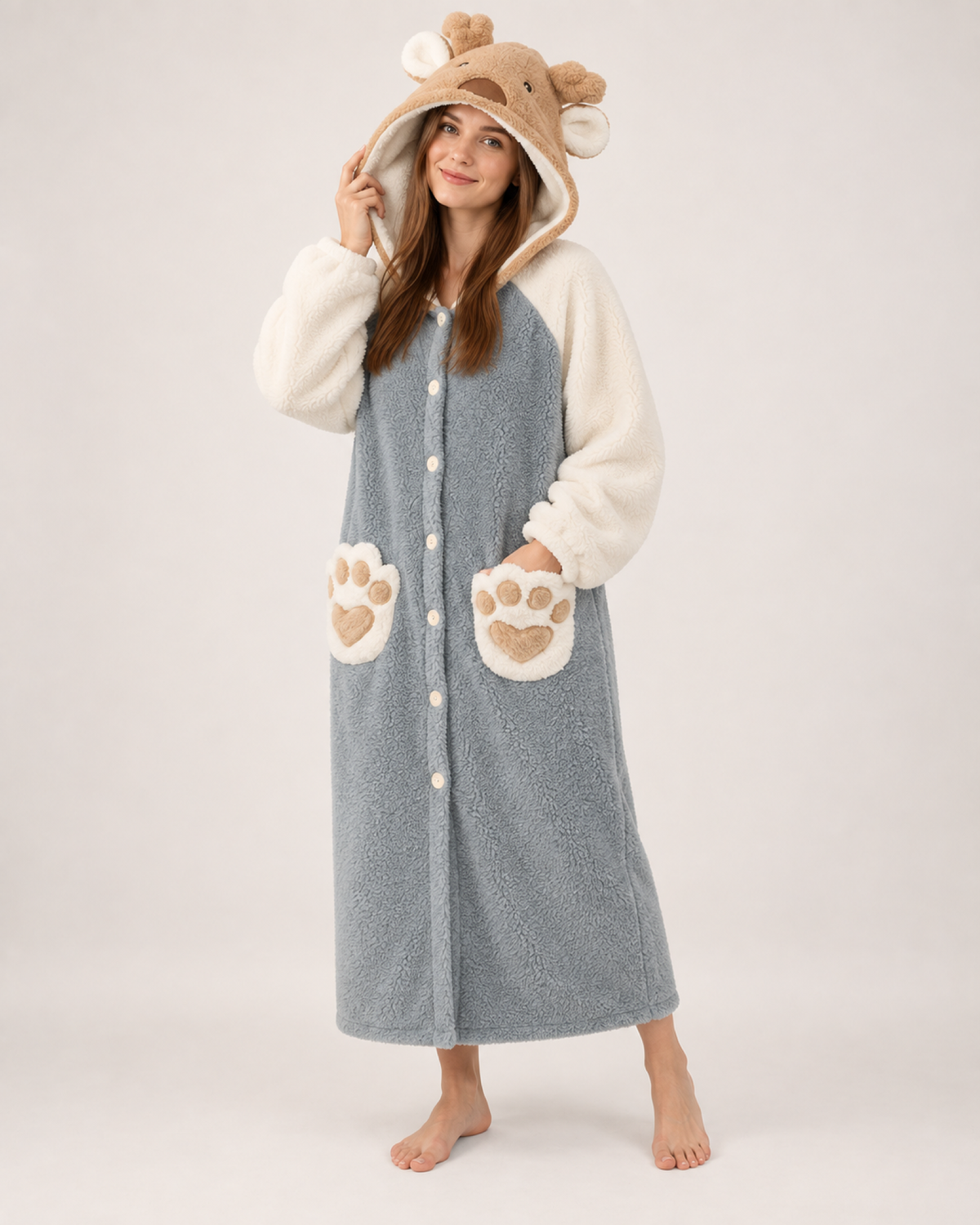 Women's Animal Hooded Lounge Robe in Grey & Cream, hero view