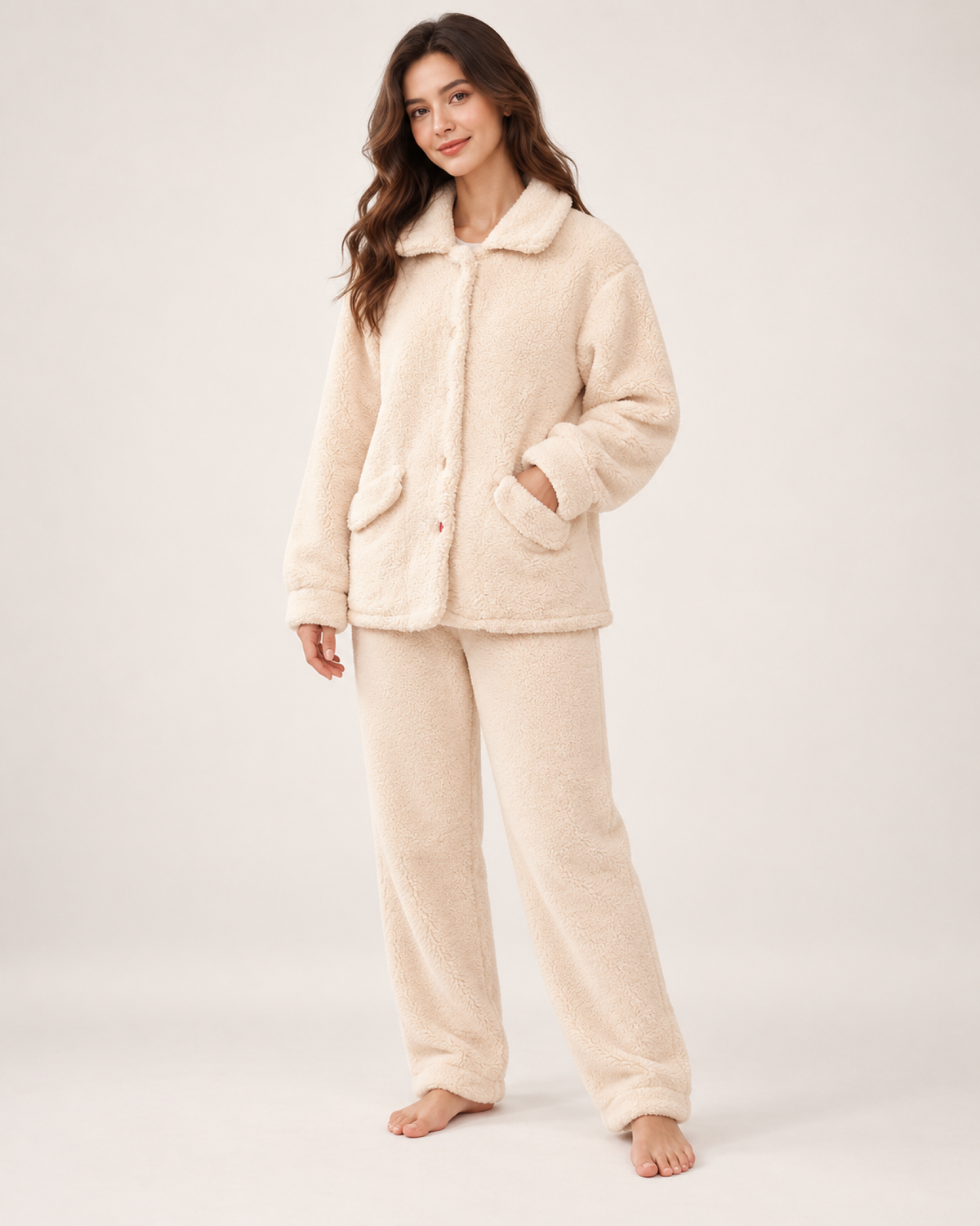 Women's Fleece Pyjama Set – Button-Front Loungewear, full-length studio hero showing the complete cream two-piece set