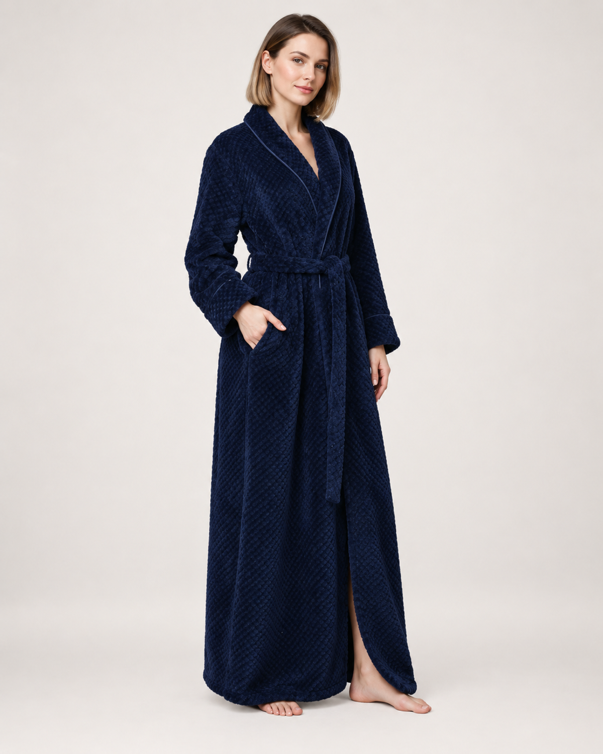 Women's Textured Long Dressing Gown in Navy Blue, hero view