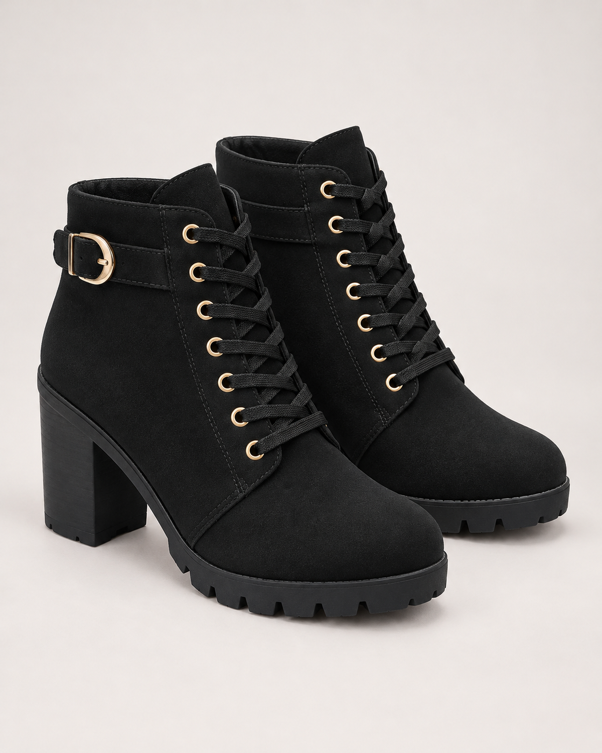 Women's Ankle Boots - Buckled Lace-Up Block Heel, google-safe clean pair hero