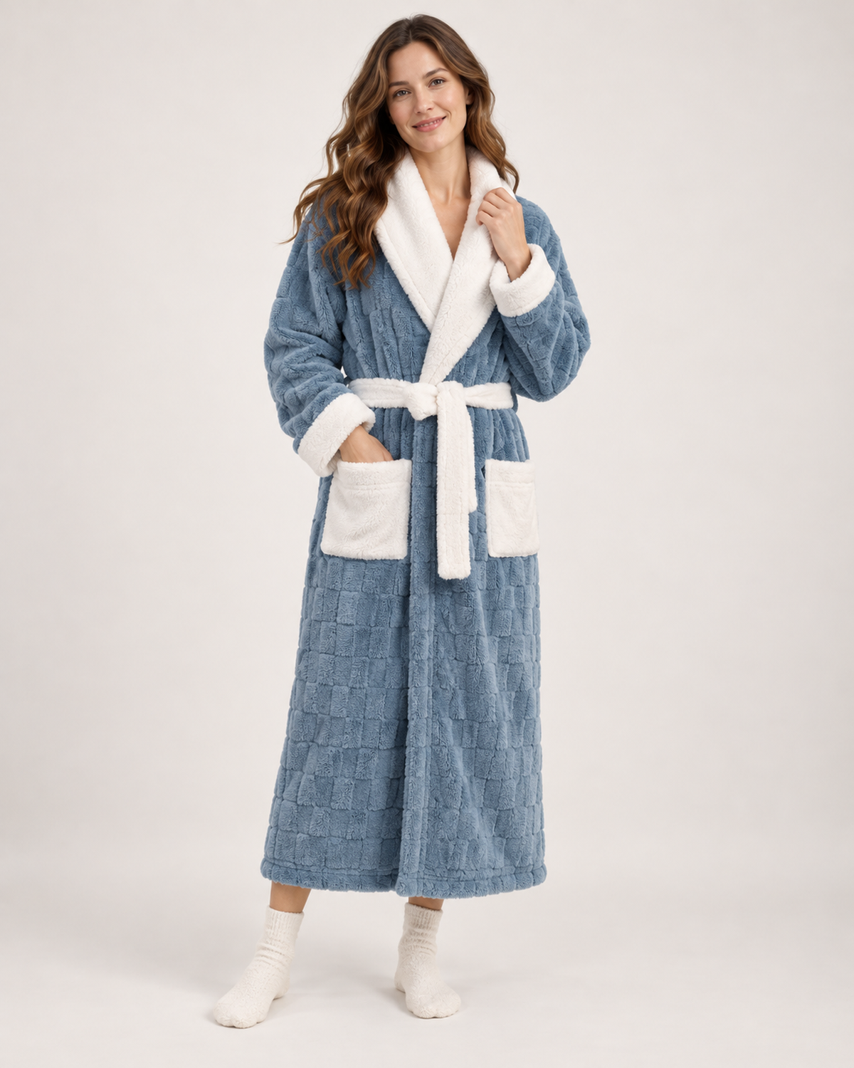 Women's Dressing Gown - Textured Contrast-Trim Style, strong full-length studio hero