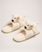 Beige puppy slippers shown as a complete matching pair