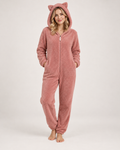 Women's pink cat-ear fleece onesie, front three-quarter studio view
