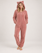 Women's pink cat-ear fleece onesie, front three-quarter studio view