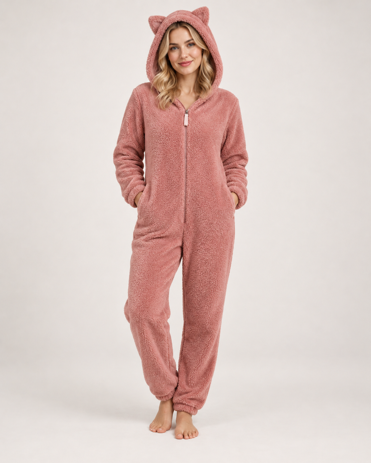 Women's pink cat-ear fleece onesie, front three-quarter studio view