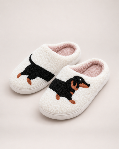 Embroidered Animal Slippers in Dachshund, product focused view