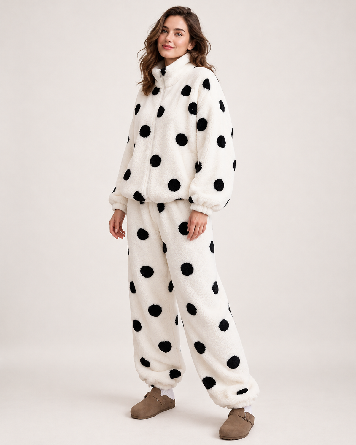 Women's white polka-dot fleece pyjama set, front three-quarter studio view