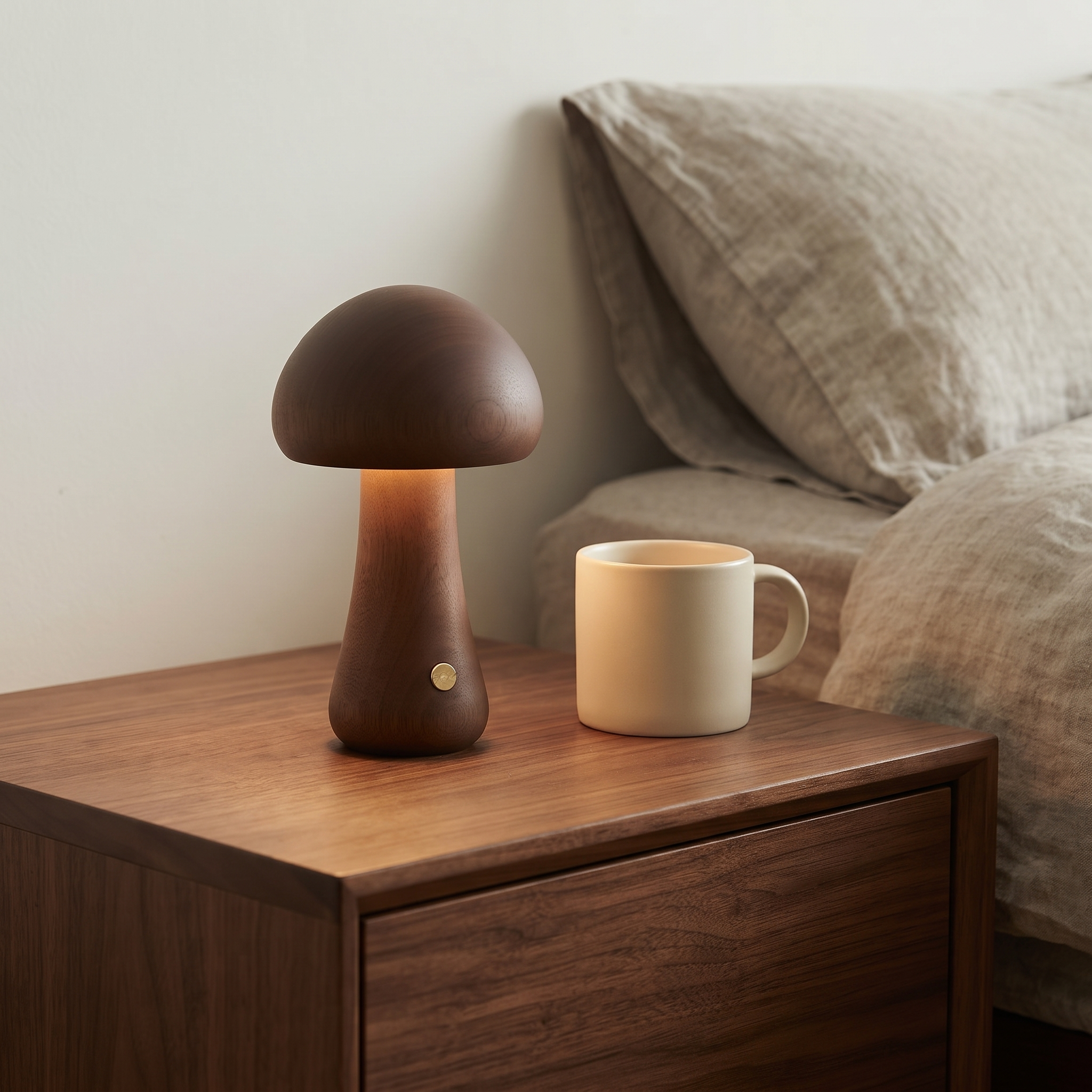 Walnut Willow wooden mushroom lamp on a bedside table beside a mug