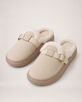 Faux Fur Buckle Mule Slippers in Beige, product focused view