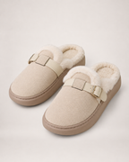 Faux Fur Buckle Mule Slippers in Beige, product focused view