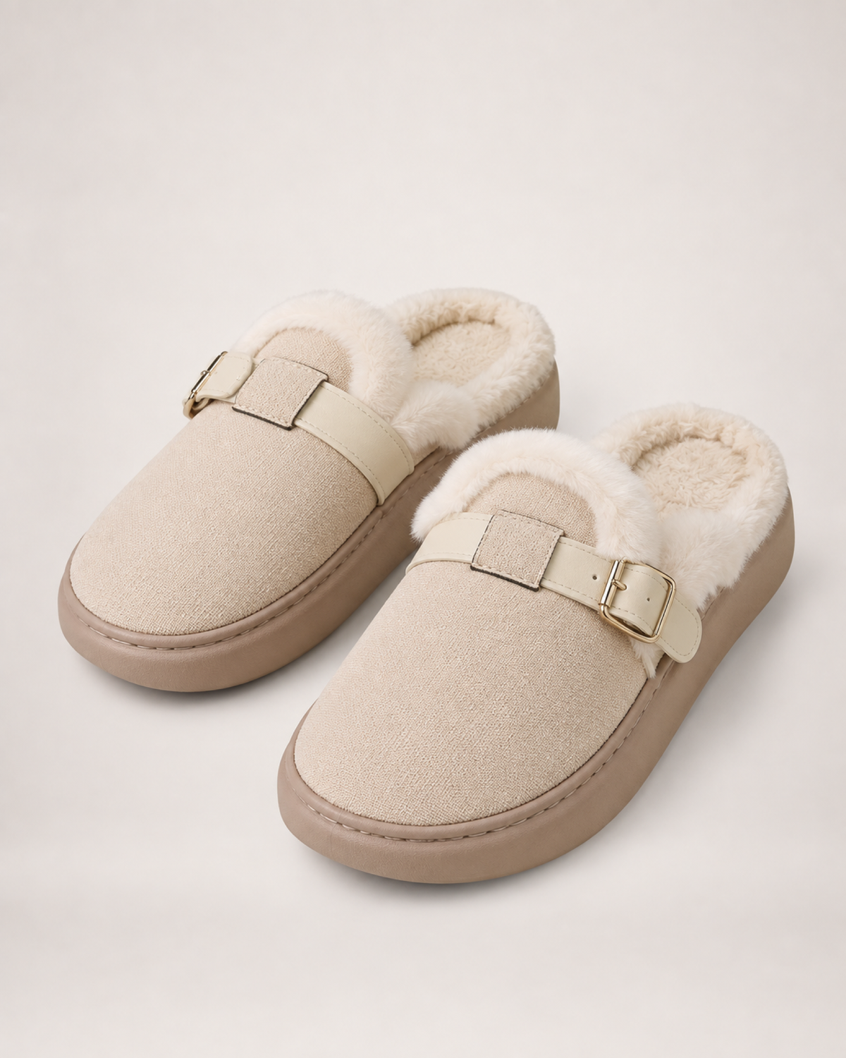 Faux Fur Buckle Mule Slippers in Beige, product focused view