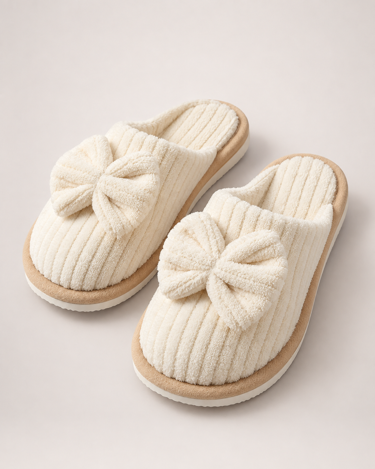 Women's Corduroy Bow Slippers in Beige, product focused view