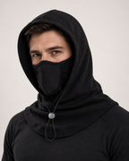 Thermal Fleece Balaclava Hood in Black, close up hero view