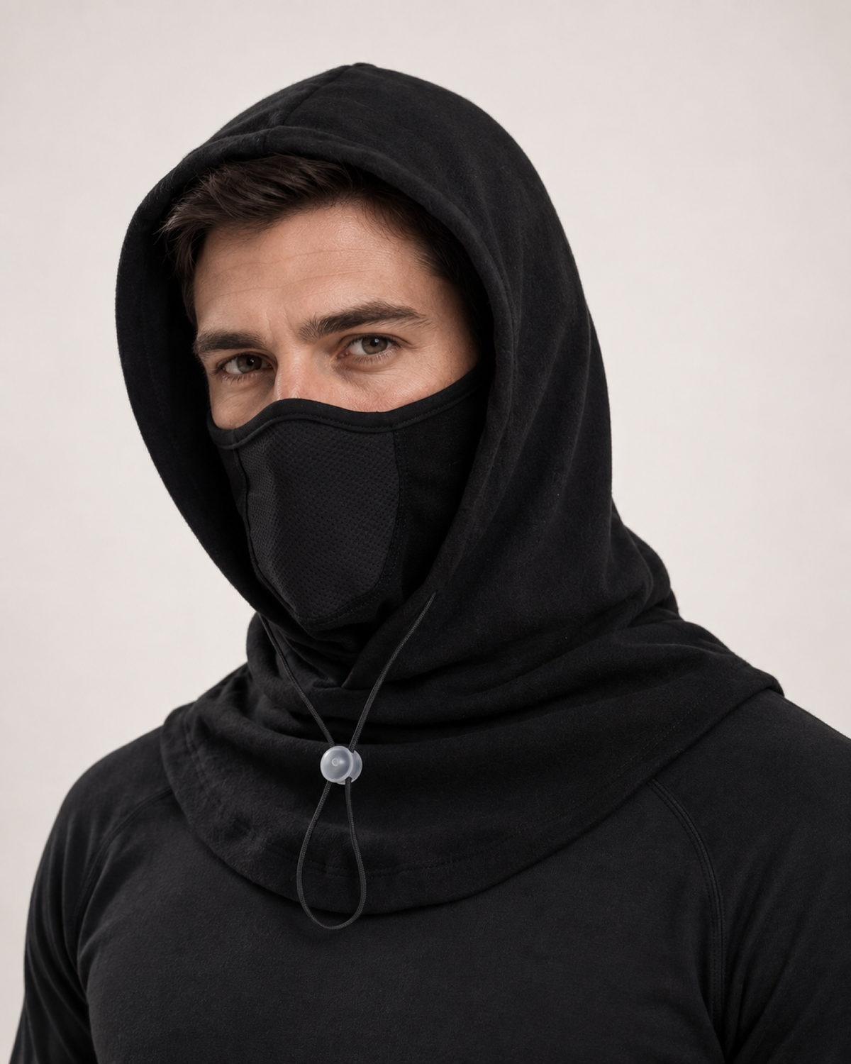 Thermal Fleece Balaclava Hood in Black, close up hero view