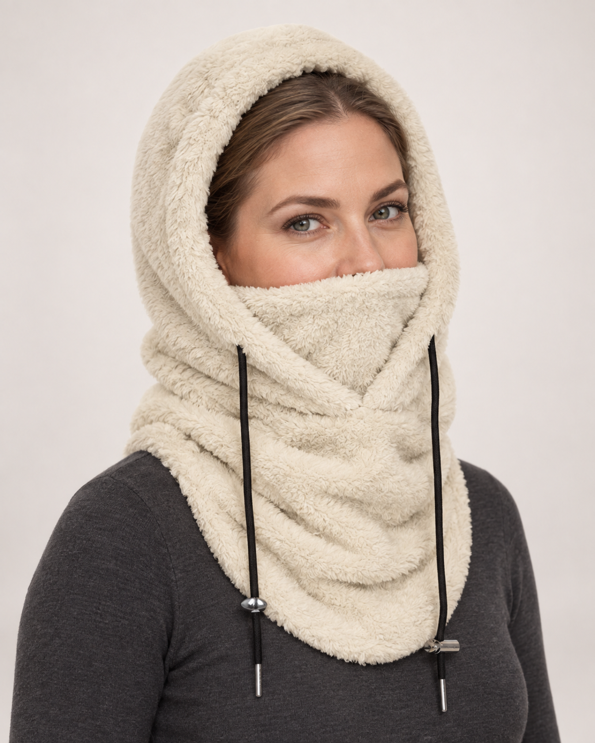 Plush Drawstring Balaclava Hood in Cream, close up hero view