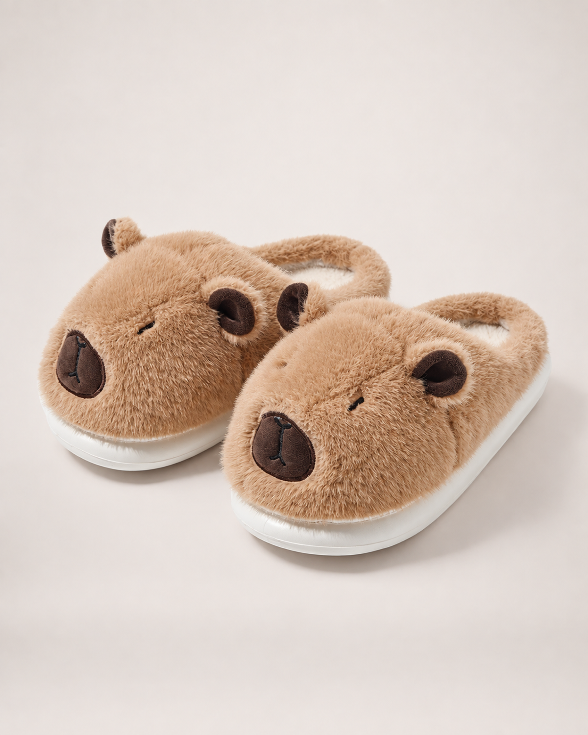 Plush Capybara Slippers in Brown, product focused view