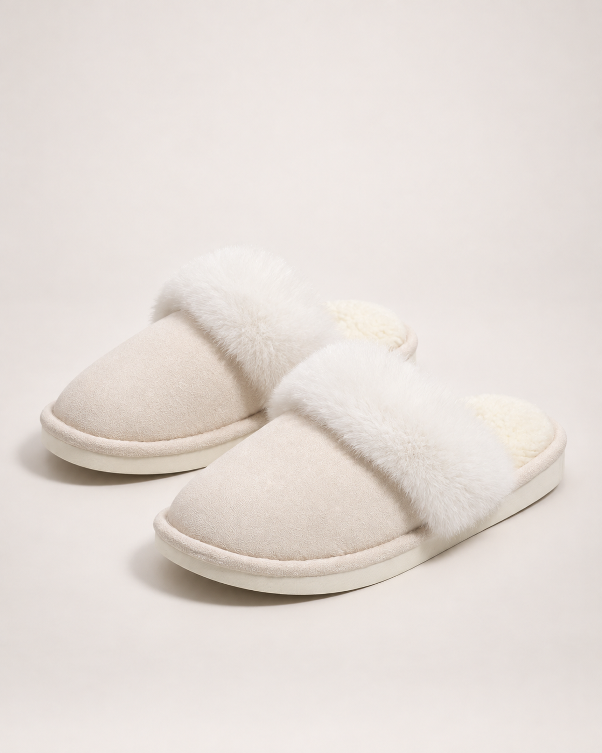 Fluffy House Slippers in Beige, product focused view