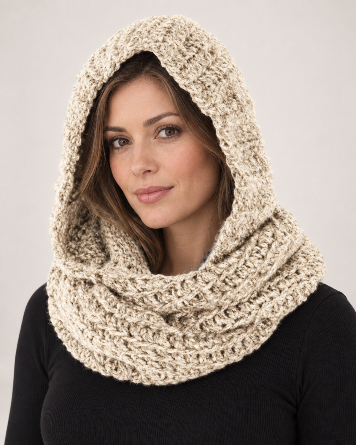 Women's Chunky Knit Hooded Scarf in Beige, close up hero view