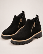 Women's Ankle Boots: Suede-Effect Side-Zip Style in Black, pair three quarter hero