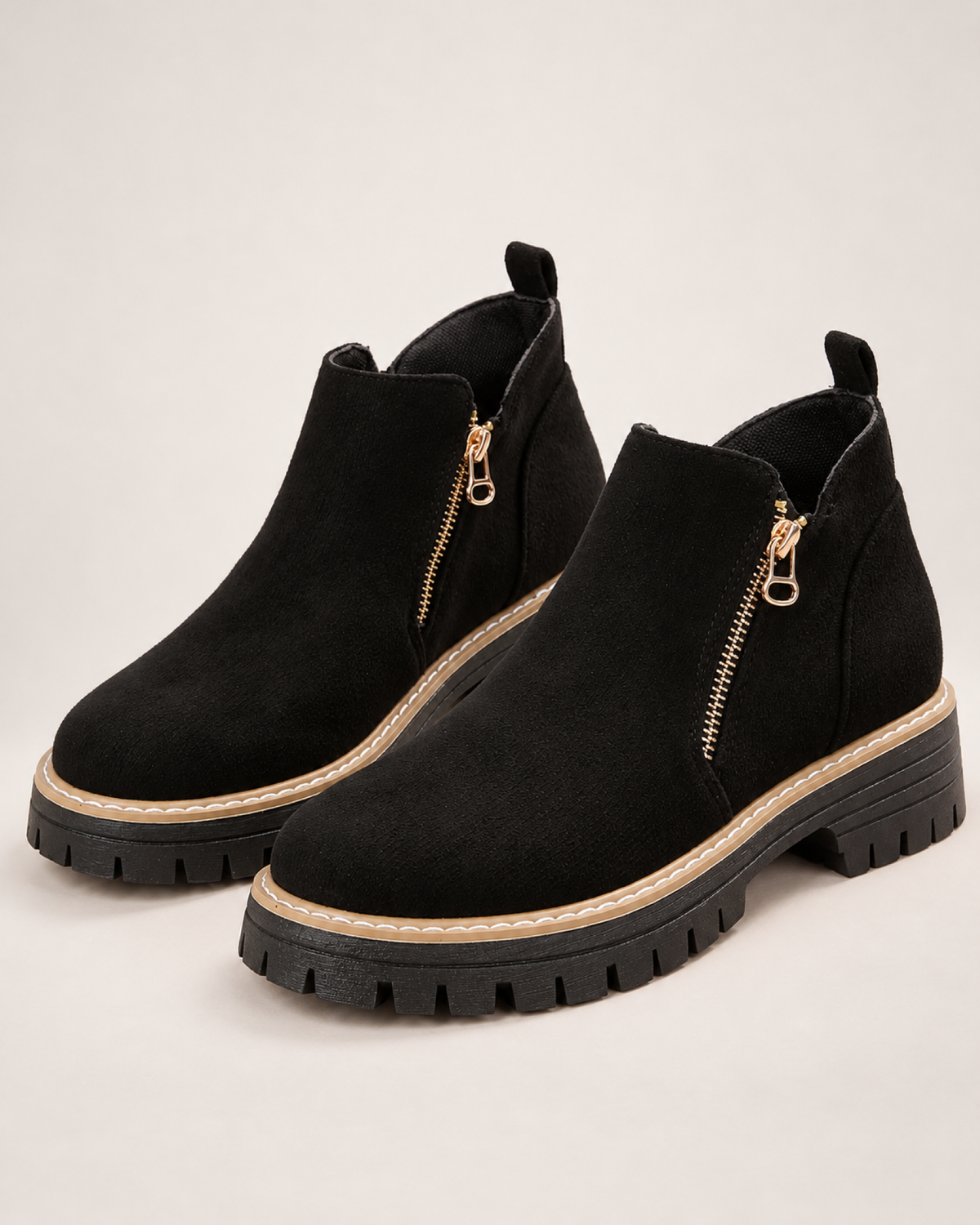 Women's Ankle Boots: Suede-Effect Side-Zip Style in Black, pair three quarter hero