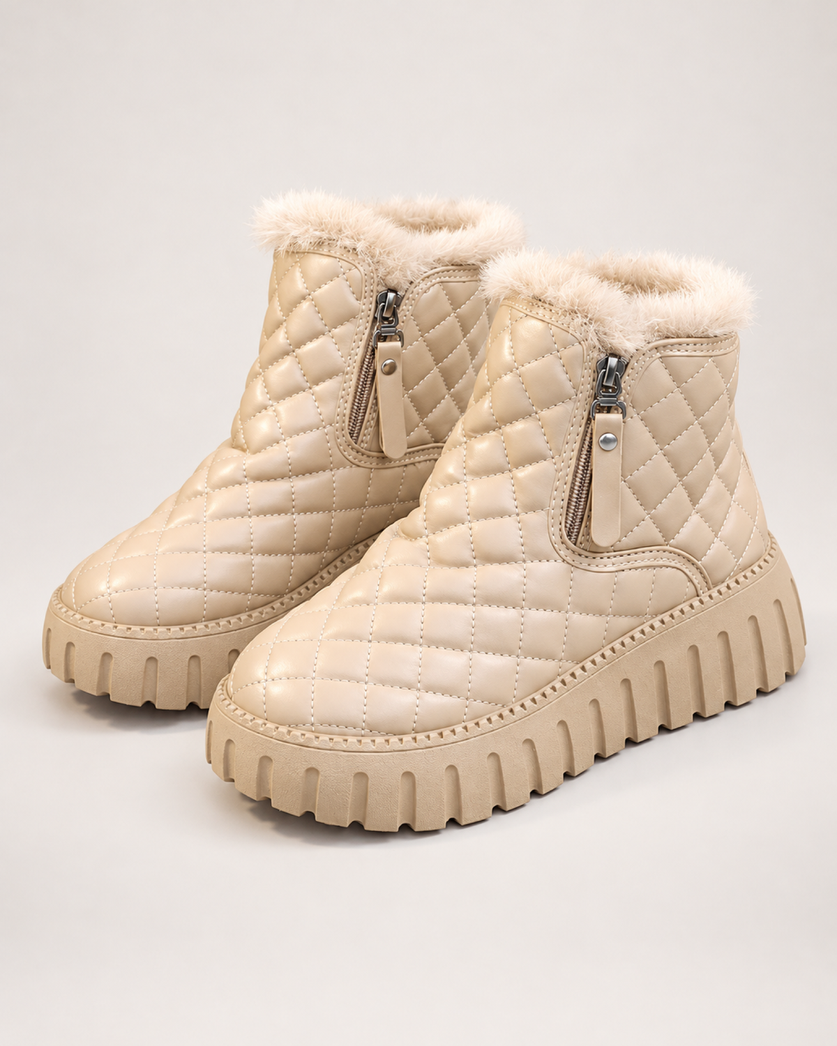 Women's Snow Boots: Quilted Platform Style in Khaki, pair three quarter hero