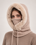 Women's Faux Fur Trim Hooded Scarf in Beige, close up hero view